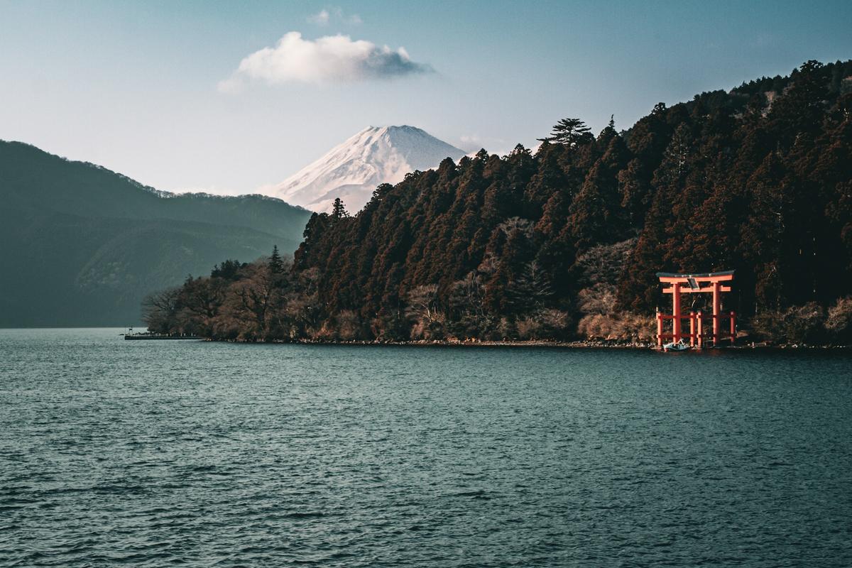Hakone Shrine's torii on Lake Ashi, Mount Fuji in the distance