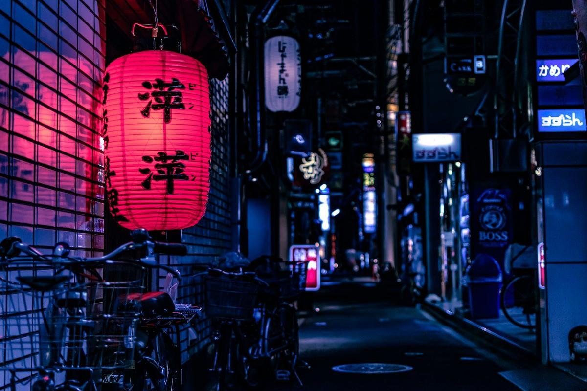 A lantern-lit lane in the evening